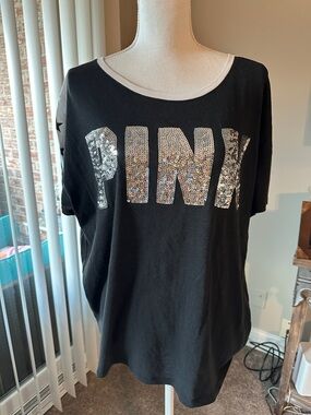 PINK Victoria's Secret Black Short Sleeve Tee with Silver Sequin Logo
